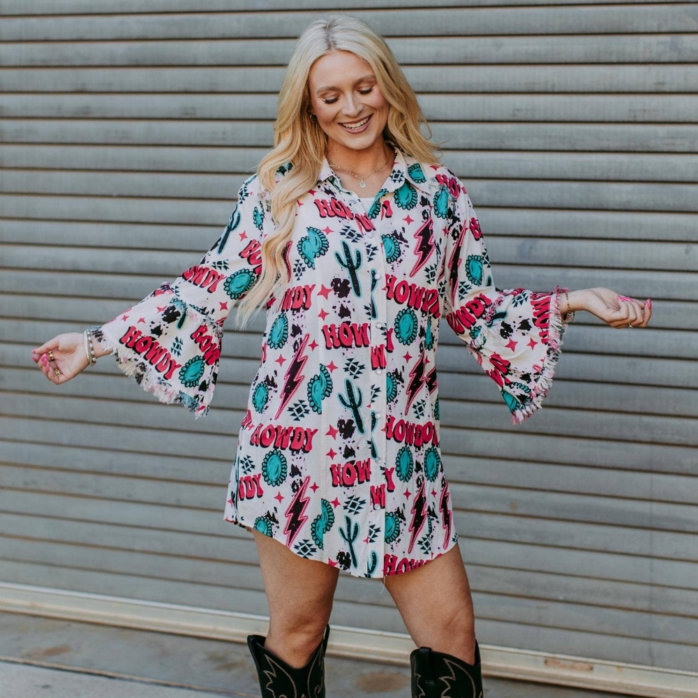 NWT White And Pink Howdy Button Down Tunic Dress